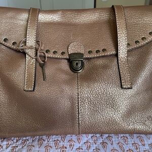 PATRICIA NASH GOLD LEATHER BRIEFCASE BAG LOCKING SHOULDER HANDBAG PURSE TOTE KEY